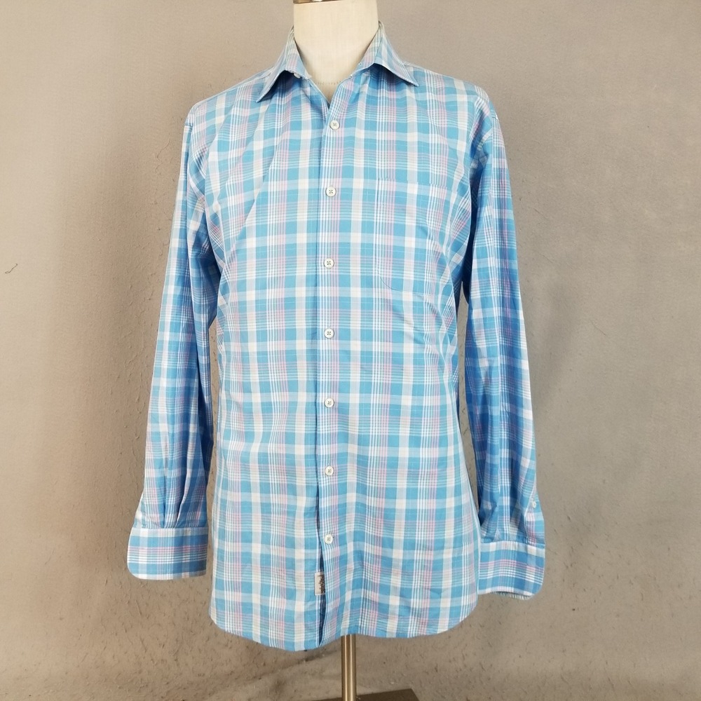 Peter Millar Shirt Mens Large Blue Plaid Button Down Long Sleeve Cotton Classic